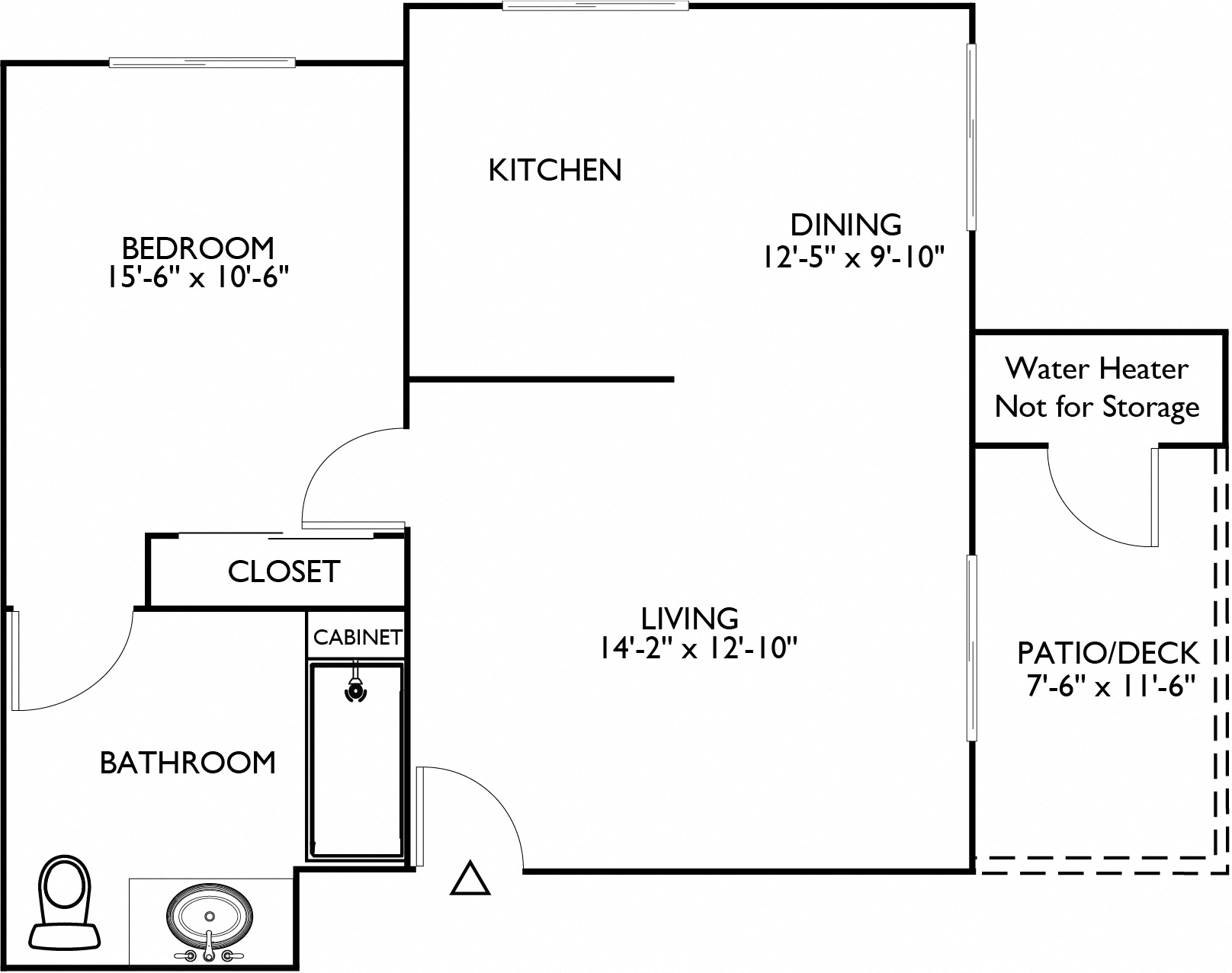 Floor plan for 1 bed, 1 bath, 656 sqft